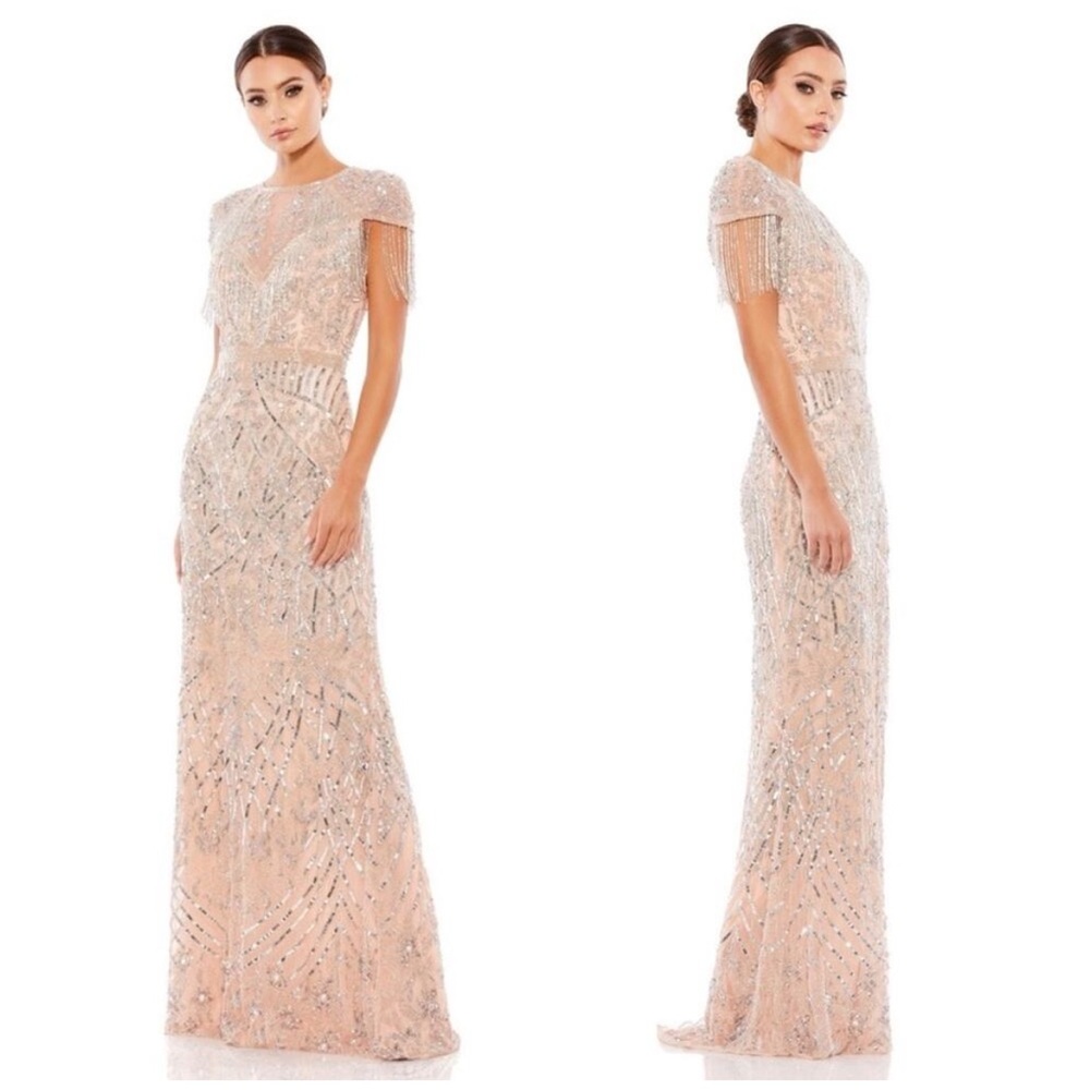 NWT Mac Duggal Embellished Fringe Cap Sleeve Formal Dress